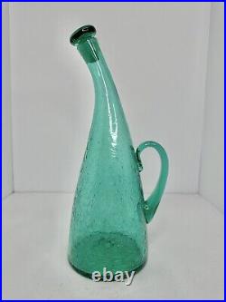 Vintage MCM Blenko 948 Bent Neck Decanter Sea Green Withstopper Crackle Glass