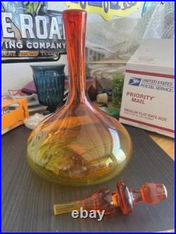 Vintage MCM Blenko Art Glass Amberina Orange Decanter Bottle Repaired Stopper
