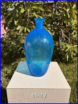 Vintage MCM Blenko Blue Crackle Glass 12 Decanter Bottle Vase Mid Century