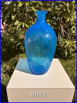Vintage MCM Blenko Blue Crackle Glass 12 Decanter Bottle Vase Mid Century