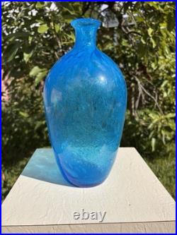 Vintage MCM Blenko Blue Crackle Glass 12 Decanter Bottle Vase Mid Century