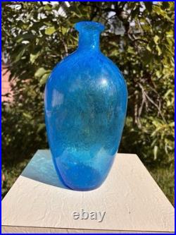 Vintage MCM Blenko Blue Crackle Glass 12 Decanter Bottle Vase Mid Century
