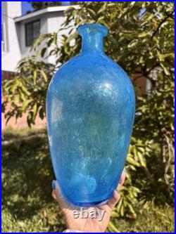 Vintage MCM Blenko Blue Crackle Glass 12 Decanter Bottle Vase Mid Century