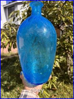 Vintage MCM Blenko Blue Crackle Glass 12 Decanter Bottle Vase Mid Century Vintage MCM Blenko Blue Crackle Glass 12 Decanter Bottle Vase Mid Century