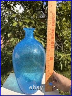Vintage MCM Blenko Blue Crackle Glass 12 Decanter Bottle Vase Mid Century