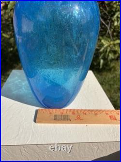 Vintage MCM Blenko Blue Crackle Glass 12 Decanter Bottle Vase Mid Century