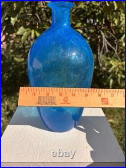 Vintage MCM Blenko Blue Crackle Glass 12 Decanter Bottle Vase Mid Century
