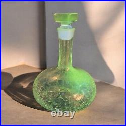 Vintage MCM Blenko Clear Crackle Glass Bottle Decanter Stopper Manganese 365nm