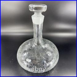 Vintage MCM Blenko Clear Crackle Glass Bottle Decanter Stopper Manganese 365nm