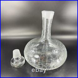 Vintage MCM Blenko Clear Crackle Glass Bottle Decanter Stopper Manganese 365nm