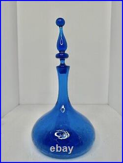 Vintage MCM Blenko Glass 6516 Decanter In Turquoise Crackle Withstopper Joel Myers