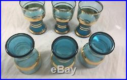 Vintage MCM Blue Aquamarine Striped Glass Bar Decanter Set 6 Cordial Glasses