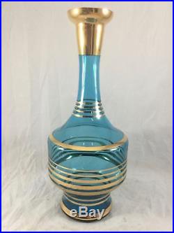 Vintage MCM Blue Aquamarine Striped Glass Bar Decanter Set 6 Cordial Glasses