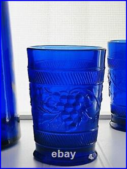 Vintage MCM Blue Glass Art Deco Style Bottle Decanter 17 4 Grape Glasses Spain
