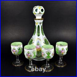 Vintage MCM Bohemian Cased Glass Decanter & Liqueur Glasses