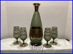 Vintage MCM Bohemian Smoky Glass Decanter Set With Gilded Accents
