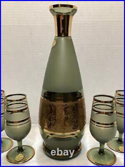 Vintage MCM Bohemian Smoky Glass Decanter Set With Gilded Accents