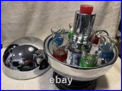 Vintage MCM Bowling Ball Liquor Dispenser Pump with6 Shot Glasses Crome Decanter