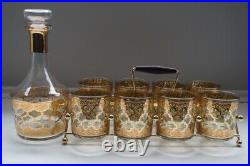 Vintage MCM Culver Glass Valencia Gold/Green Decanter & 8 Rocks Glasses in Stand