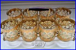 Vintage MCM Culver Glass Valencia Gold/Green Decanter & 8 Rocks Glasses in Stand