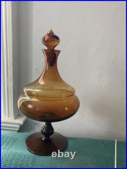 Vintage MCM Dark Amber Glass Genie Bottle Burnt Honey Empoli Decanter 13