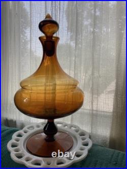 Vintage MCM Dark Amber Glass Genie Bottle Burnt Honey Empoli Decanter 13