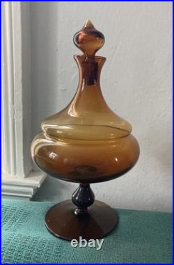 Vintage MCM Dark Amber Glass Genie Bottle Burnt Honey Empoli Decanter 13