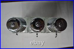Vintage MCM Decanter Trio with Pump Lids and Carrying Rack Holder