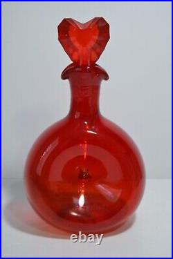 Vintage MCM Double Pinch Indent Decanter Heart Stopper Ruby Red Glass Pontil