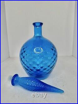 Vintage MCM Empoli Blue Diamond Optic Decanter Blue 15.5 Withstopper Pristine