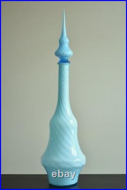 Vintage MCM Empoli Blue Swirl Cased Glass 26 Genie Bottle Decanter w Stopper