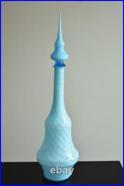 Vintage MCM Empoli Blue Swirl Cased Glass 26 Genie Bottle Decanter w Stopper
