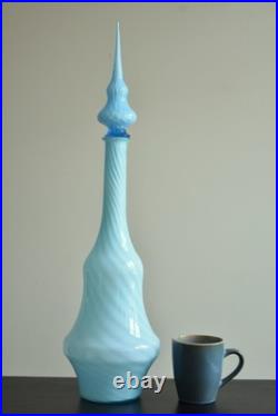 Vintage MCM Empoli Blue Swirl Cased Glass 26 Genie Bottle Decanter w Stopper