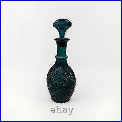 Vintage MCM Empoli Blue Teal Glass Decanter with Stopper Hobnail