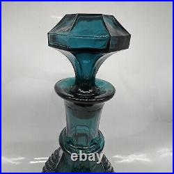 Vintage MCM Empoli Blue Teal Glass Decanter with Stopper Hobnail