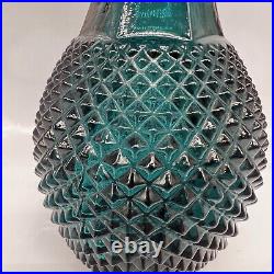 Vintage MCM Empoli Blue Teal Glass Decanter with Stopper Hobnail