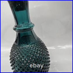 Vintage MCM Empoli Blue Teal Glass Decanter with Stopper Hobnail