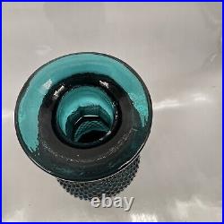 Vintage MCM Empoli Blue Teal Glass Decanter with Stopper Hobnail