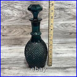 Vintage MCM Empoli Blue Teal Glass Decanter with Stopper Hobnail