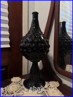 Vintage MCM Empoli Bubble Glass Decanter Black Amethyst Hobnail Genie Bottle 18