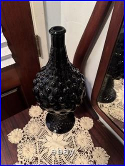 Vintage MCM Empoli Bubble Glass Decanter Black Amethyst Hobnail Genie Bottle 18