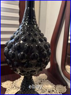 Vintage MCM Empoli Bubble Glass Decanter Black Amethyst Hobnail Genie Bottle 18