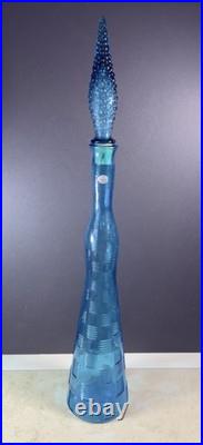 Vintage MCM Empoli Genie Glass Bottle Teal Decanter Basket Weave Pattern