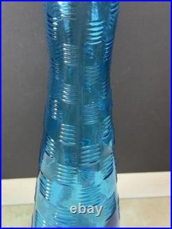 Vintage MCM Empoli Genie Glass Bottle Teal Decanter Basket Weave Pattern