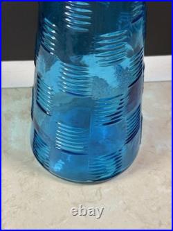 Vintage MCM Empoli Genie Glass Bottle Teal Decanter Basket Weave Pattern