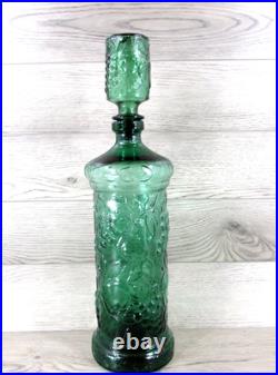 Vintage MCM Empoli Glass Genie Decanter Fruit Motif 19.25 Green With Stopper