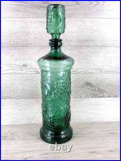 Vintage MCM Empoli Glass Genie Decanter Fruit Motif 19.25 Green With Stopper