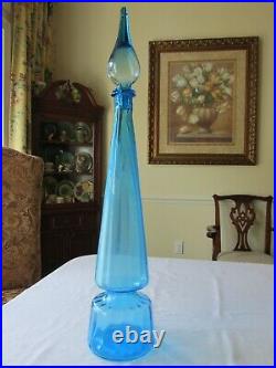 Vintage MCM Empoli Italian Glass Ice Blue Ribbed Genie Bottle Decanter 27