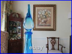 Vintage MCM Empoli Italian Glass Ice Blue Ribbed Genie Bottle Decanter 27
