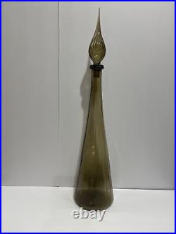 Vintage MCM Empoli Smoke Grey Genie Glass Paneled Bottle withStopper 26.5